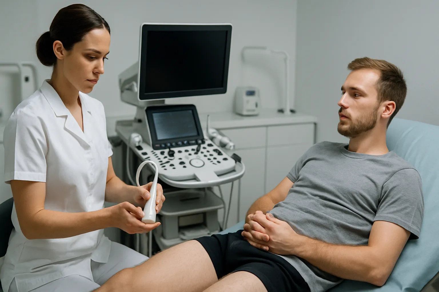Especialista preparando equipamento de ultrassom para exame testicular diagnóstico em ambiente clínico profissional