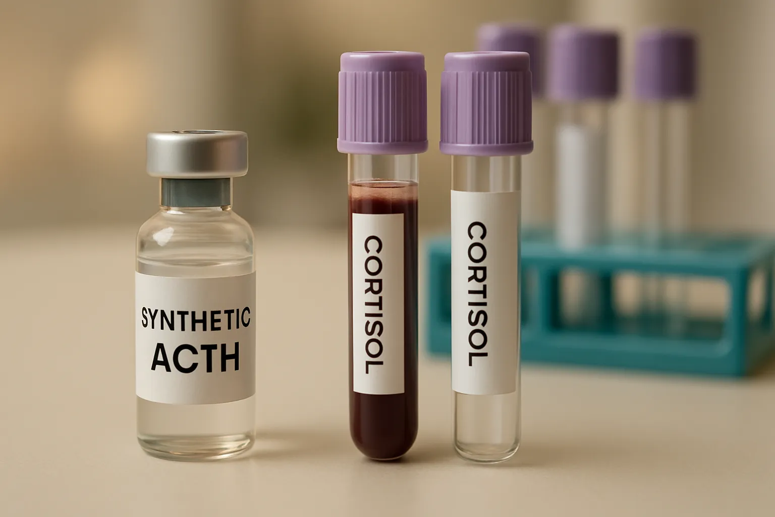 Kit de teste de estimulação com ACTH mostrando ampola de ACTH sintético e tubos para coleta de cortisol no diagnóstico de insuficiência adrenal