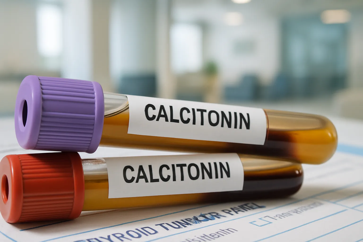 Detalhe macro de tubos de coleta para exame de calcitonina e marcadores tumorais da tireoide em ambiente laboratorial clínico