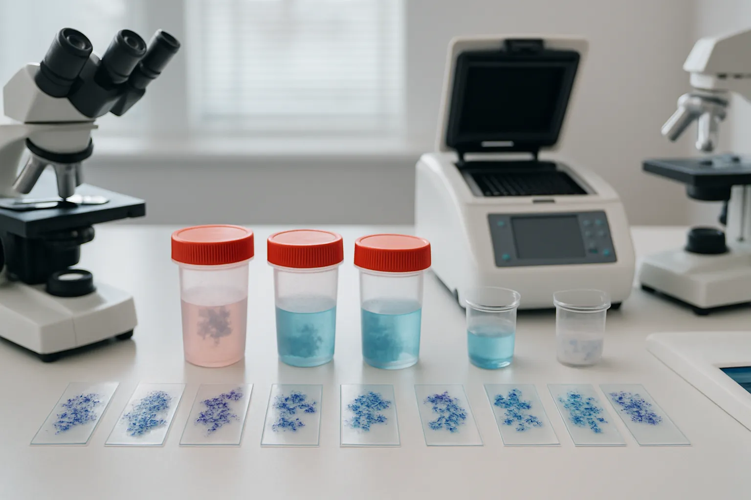 Laboratório de citopatologia preparado para análise de células tireoidianas coletadas por punção, com lâminas e equipamento de teste molecular