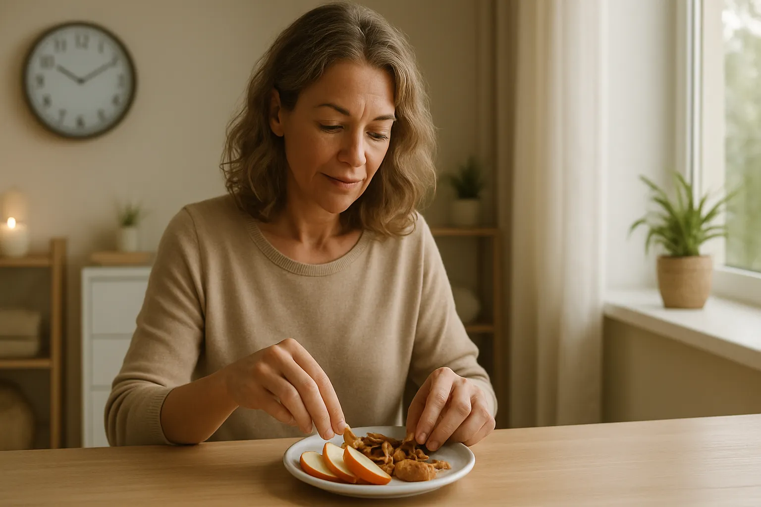 Mulher preparando lanche equilibrado da tarde com oleaginosas, maçã e pasta de amendoim para evitar compulsão por doces durante a perimenopausa