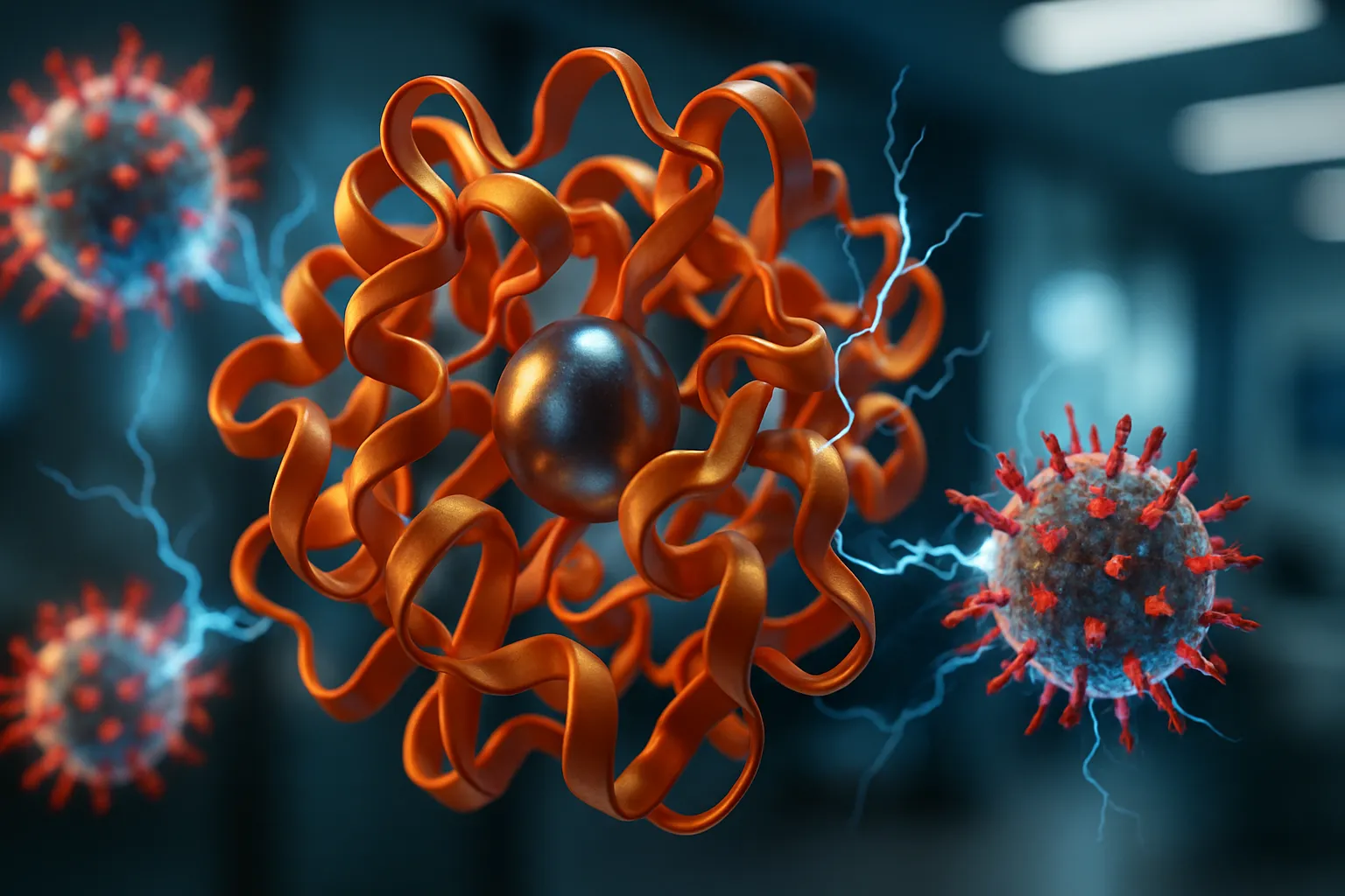 Detalhe macro da enzima superóxido dismutase (SOD) com átomo de manganês no centro neutralizando radicais livres