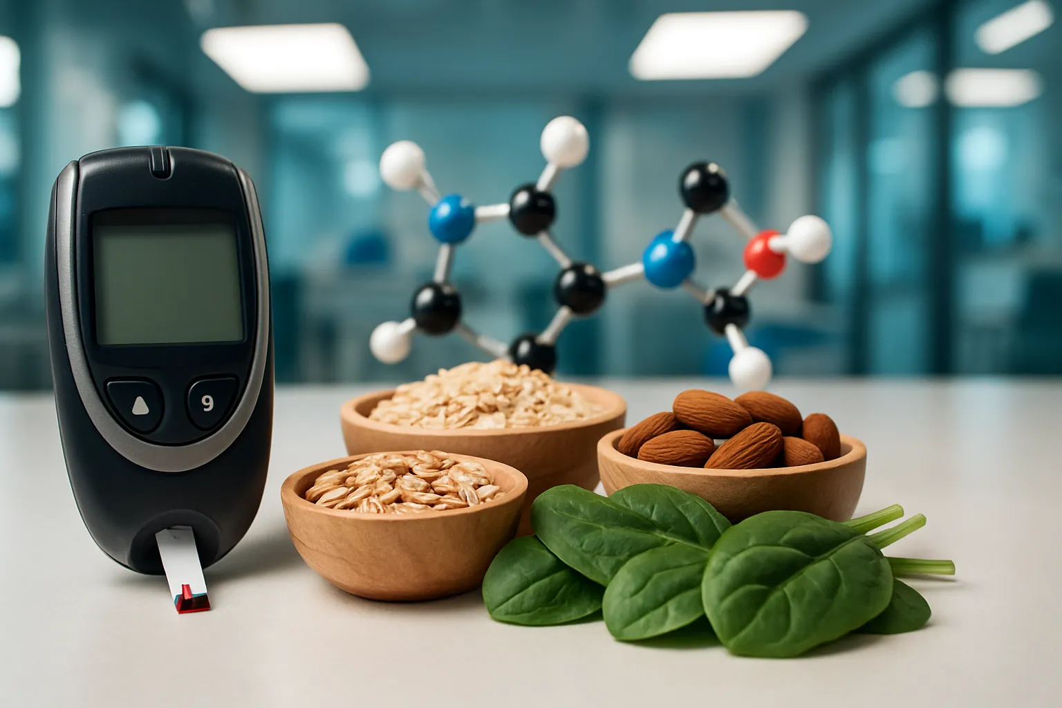 Detalhe de kit de teste metabólico de glicose com alimentos ricos em manganês e modelos de neurotransmissores