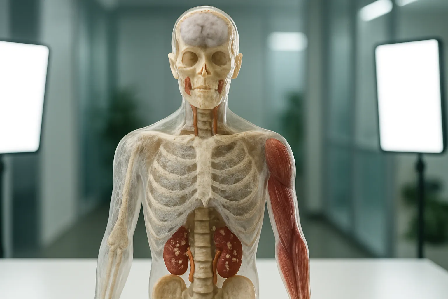 Modelo educacional demonstrando os efeitos sistêmicos do hiperparatireoidismo no corpo humano, incluindo desmineralização óssea, deposição renal de cálcio e fadiga muscular