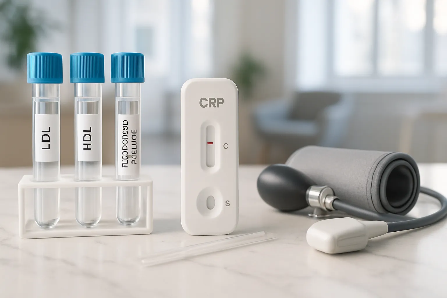 Display educativo com tubos de teste para perfil lipídico e kit de proteína C-reativa, demonstrando marcadores cardiometabólicos que melhoram com terapia de calor