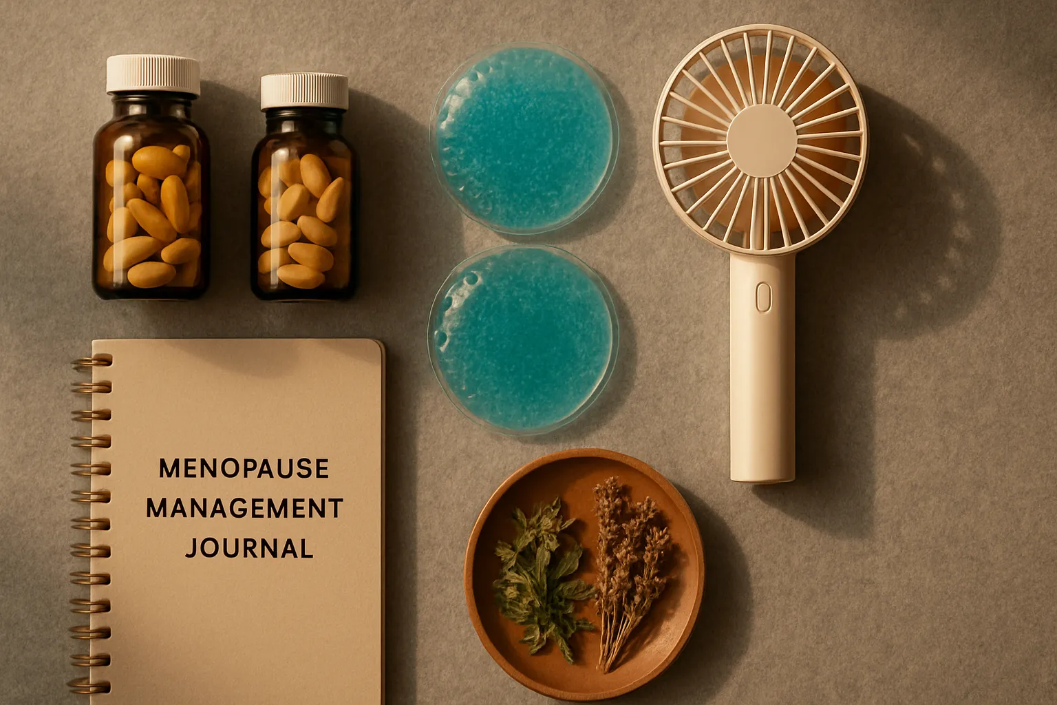 Ferramentas de manejo da menopausa incluindo suplementos hormonais, compressas frias e recursos para controle de ondas de calor