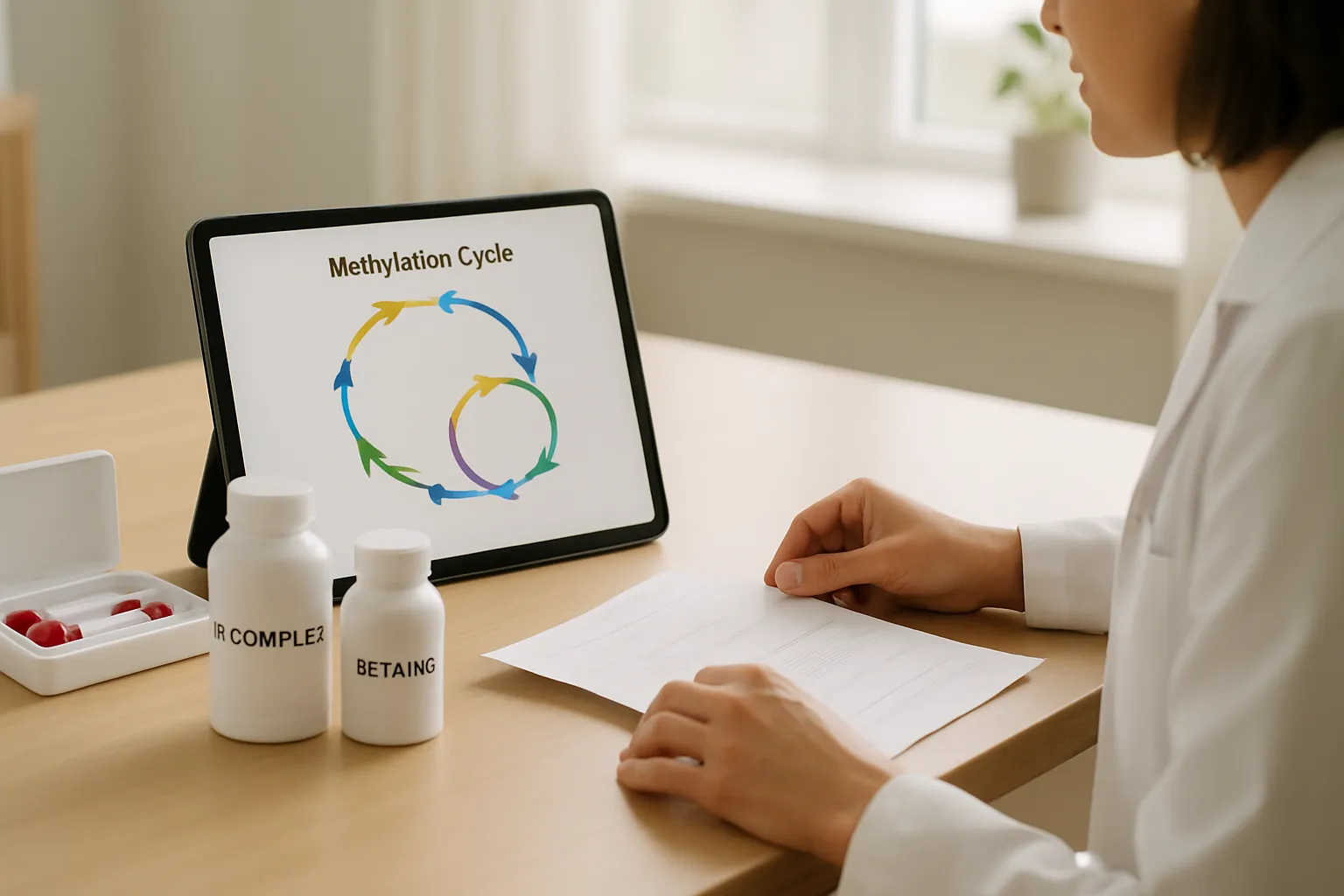 Mesa de consulta especializada mostrando kit de teste de homocisteína, suplementos para metilação e diagrama do ciclo de metilação