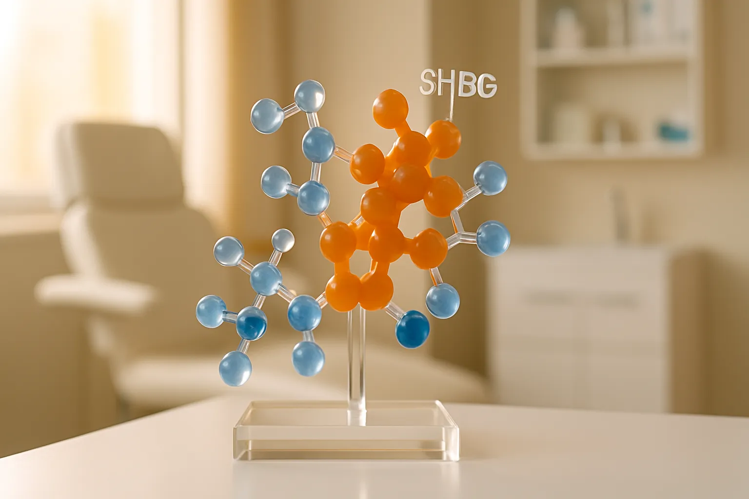 Modelo educativo tridimensional demonstrando a ligação entre SHBG e moléculas de testosterona