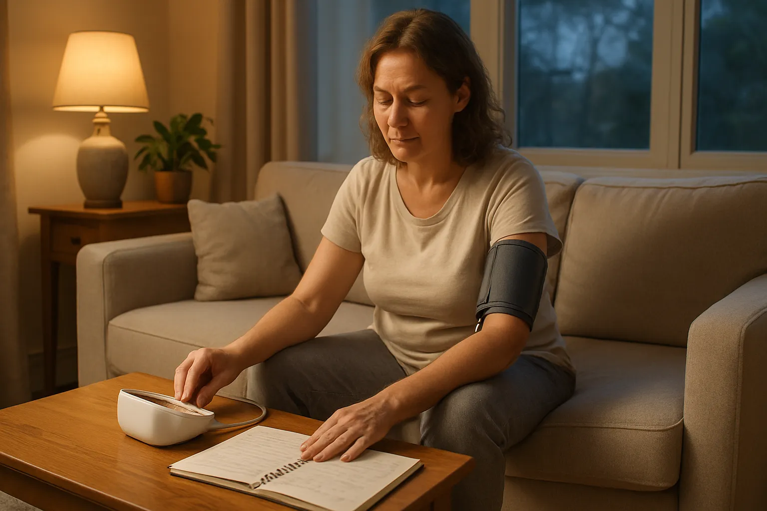 Monitoramento Diário de Sintomas Mulher monitorando pressão arterial em casa durante rotina noturna, com diário de sintomas para rastreamento de edema e sinais de aldosterona elevada