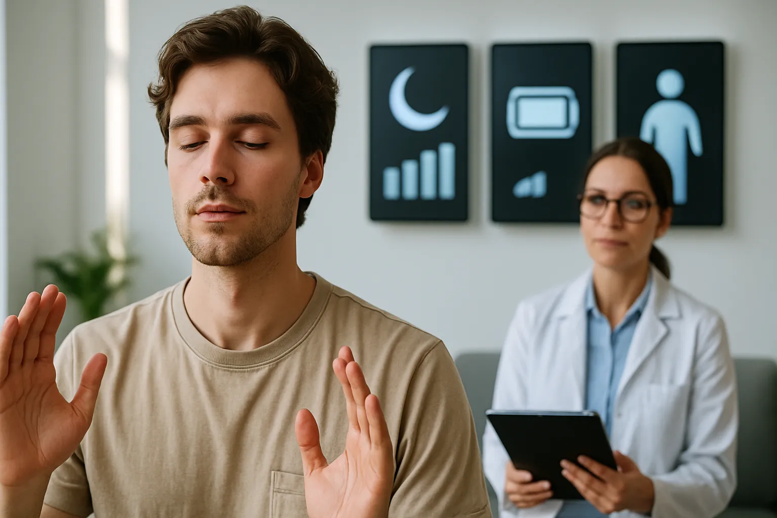 Paciente praticando técnica de relaxamento com especialista monitorando indicadores de progresso como qualidade do sono e níveis de energia