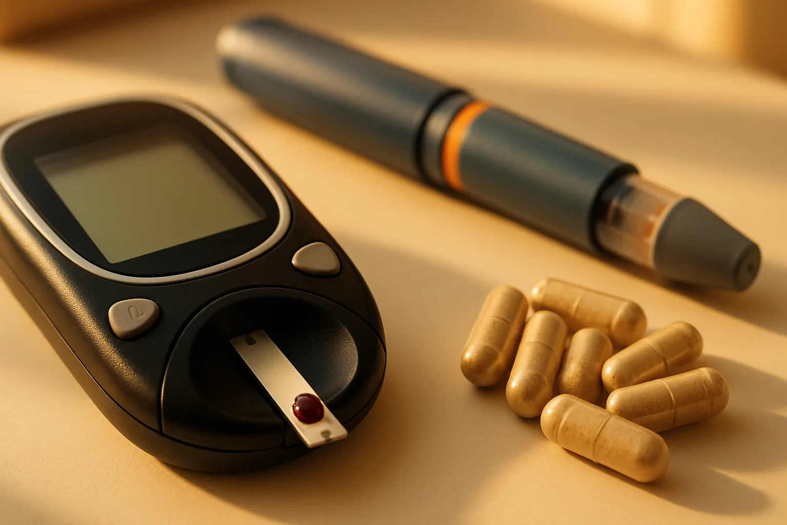 Close-up de medidor de glicose com gota de sangue, caneta de insulina e suplementos para saúde metabólica, ilustrando o monitoramento da resistência à insulina