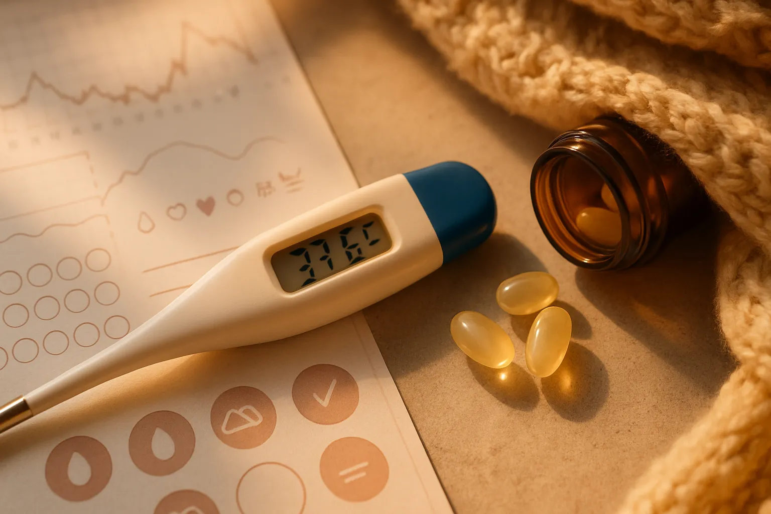 Detalhe de termômetro basal mostrando temperatura elevada durante fase lútea, com ferramentas de monitoramento de sintomas e suplementos de suporte à progesterona