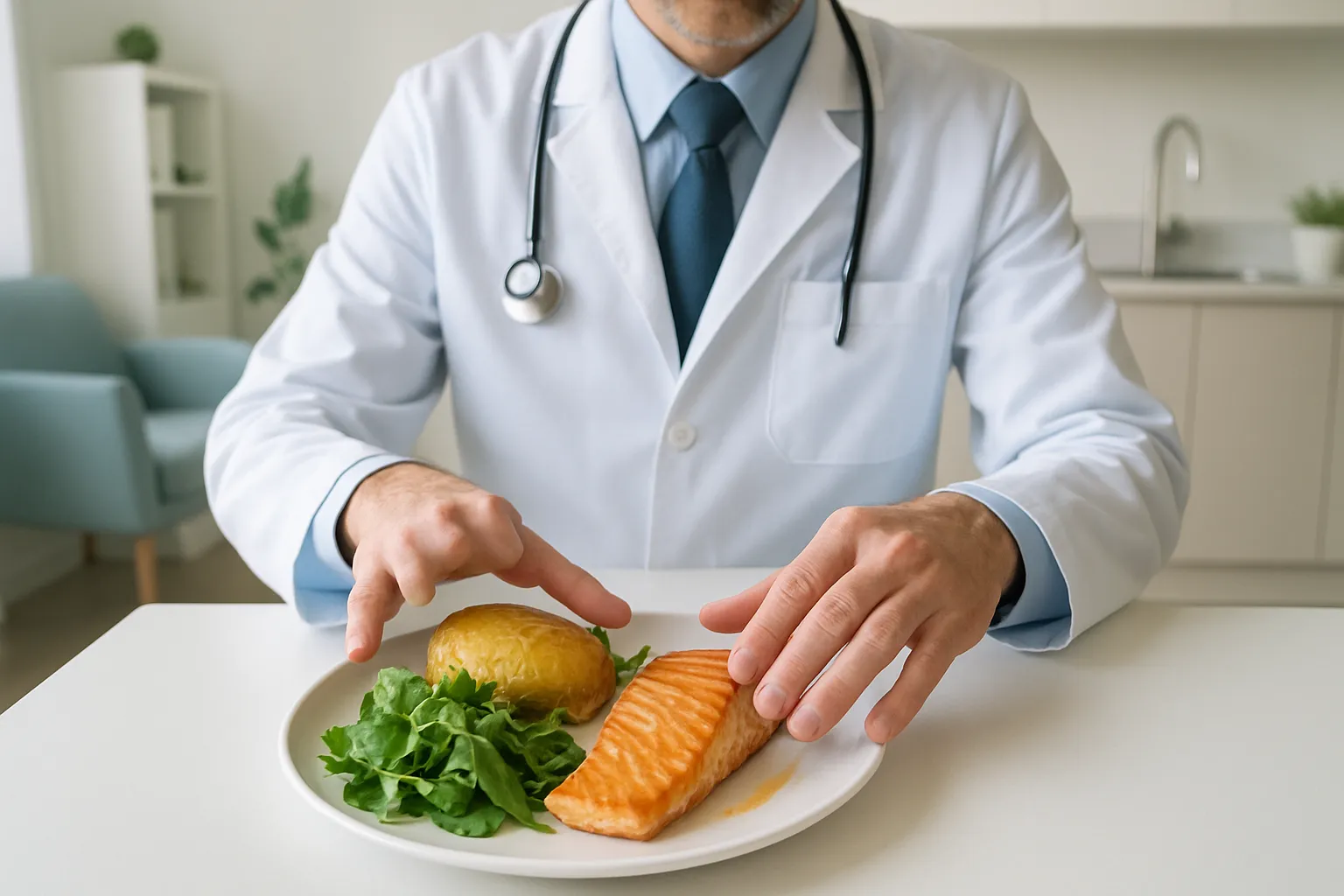 Médico especialista demonstrando técnica de montagem de prato balanceado combinando batata, salmão e salada para modular resposta glicêmica através de proteínas e gorduras