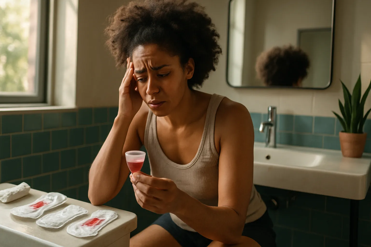 Mulher preocupada verificando coletor menstrual com fluxo intenso no banheiro, com múltiplos absorventes ao redor indicando trocas frequentes