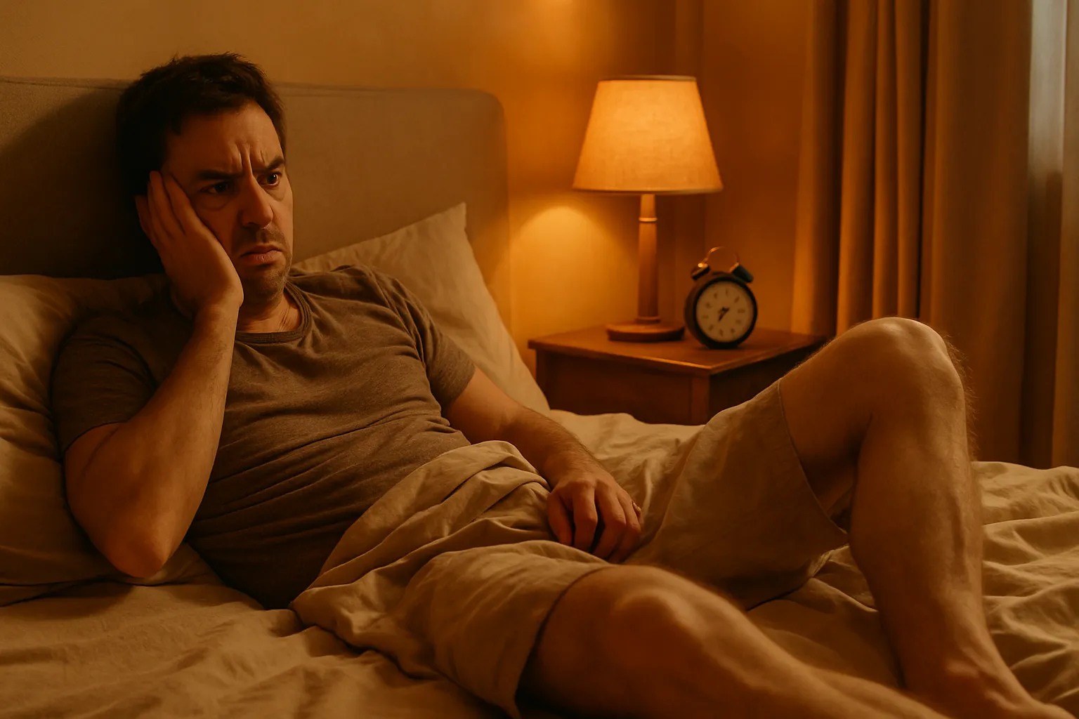 Pessoa acordada na cama durante a noite com sinais de sono fragmentado causado pela síndrome das pernas inquietas