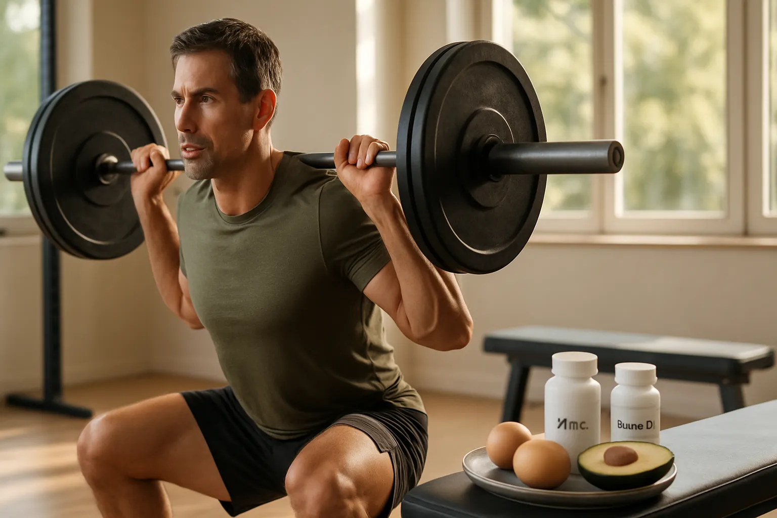 Homem de 40 anos realizando exercício de musculação com barra em estúdio profissional, com suplementos de zinco e vitamina D e alimentos ricos em colesterol saudável ao lado, representando otimização natural da testosterona