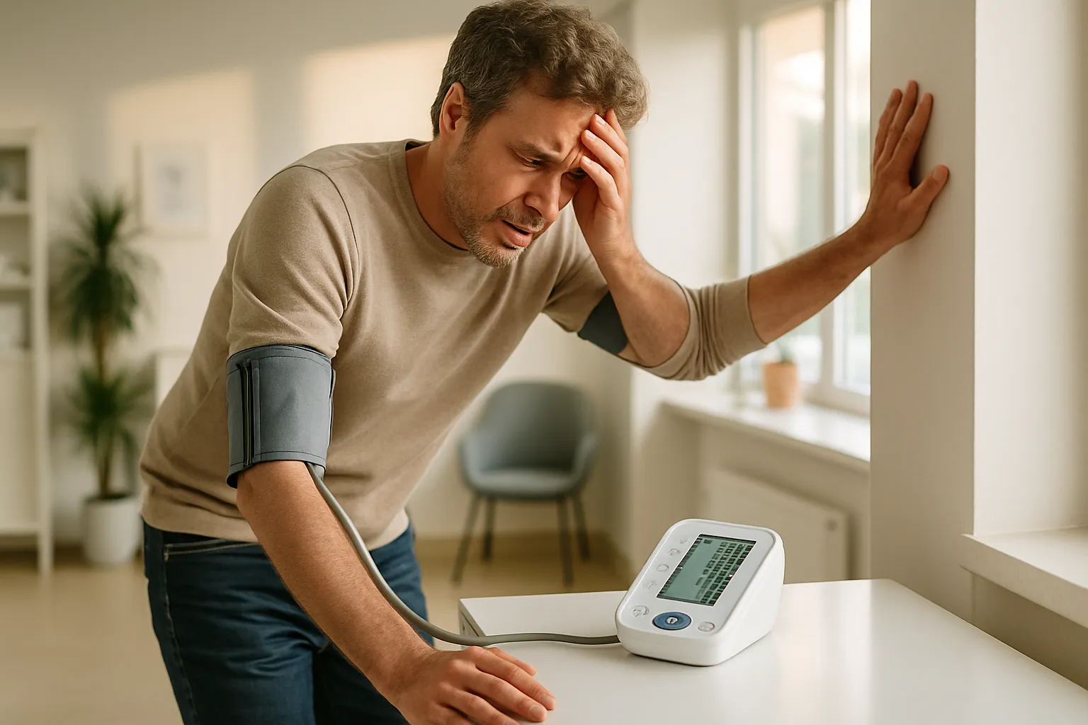 Paciente verificando pressão arterial ao levantar-se, demonstrando tontura por hipotensão ortostática, sintoma característico de insuficiência adrenal