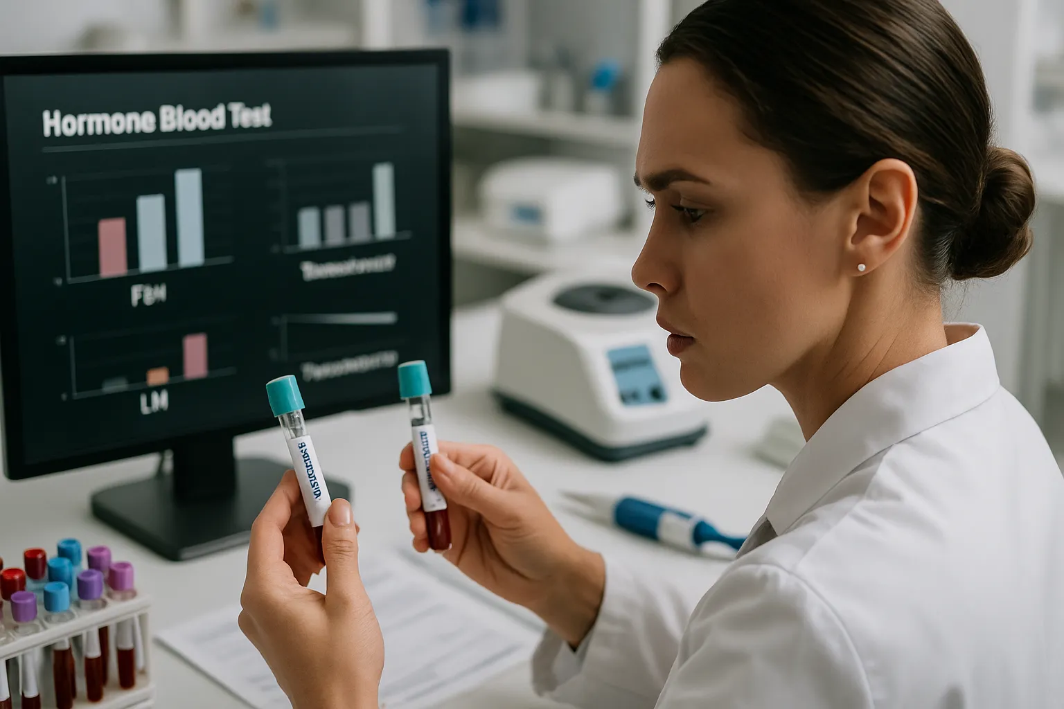 Profissional de saúde analisando amostras de sangue para testes hormonais, comparando resultados de FSH e LH elevados com testosterona baixa
