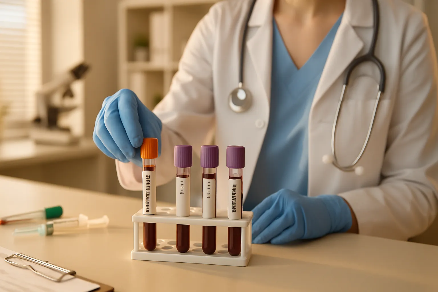 Profissional de saúde organizando painel hormonal completo com tubos para testosterona, LH, FSH e prolactina para diagnóstico correto