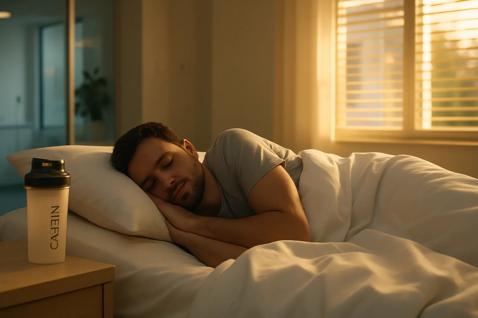 Pessoa em sono profundo e reparador após consumir caseína noturna, com shaker vazio na mesa de cabeceira, ilustrando recuperação muscular e qualidade de sono otimizada