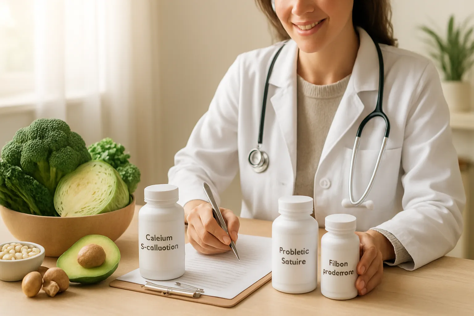 Profissional de saúde preparando protocolo personalizado com cálcio-D-glucarato e probióticos para regular beta-glucuronidase