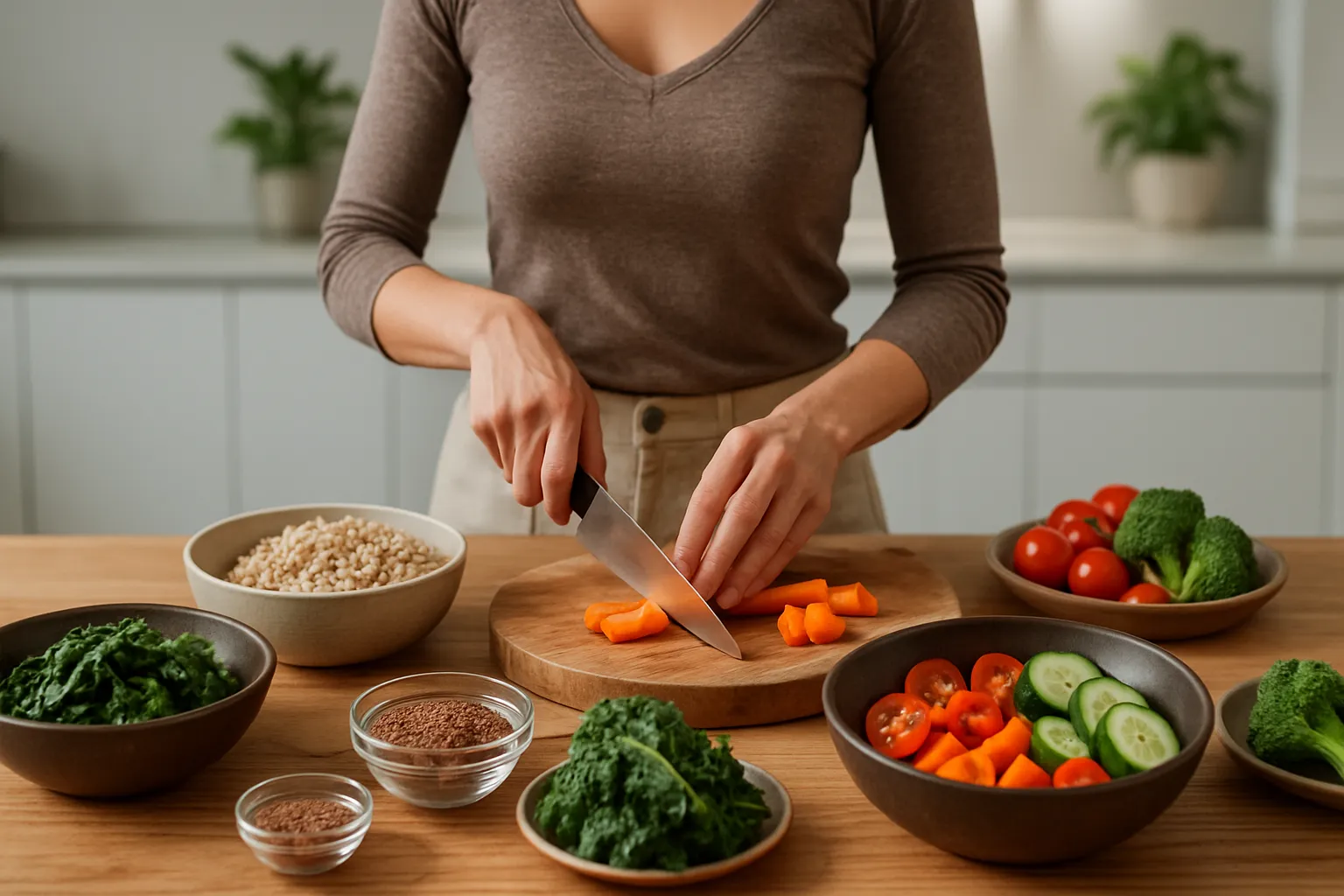 Mulher preparando refeição rica em fibras solúveis e insolúveis para auxiliar na eliminação de estrogênio excedente e equilíbrio hormonal