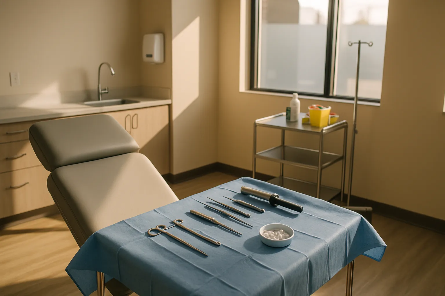 Sala de procedimento em clínica de medicina integrativa preparada para implantação de pellets subcutâneos de testosterona de longa duração