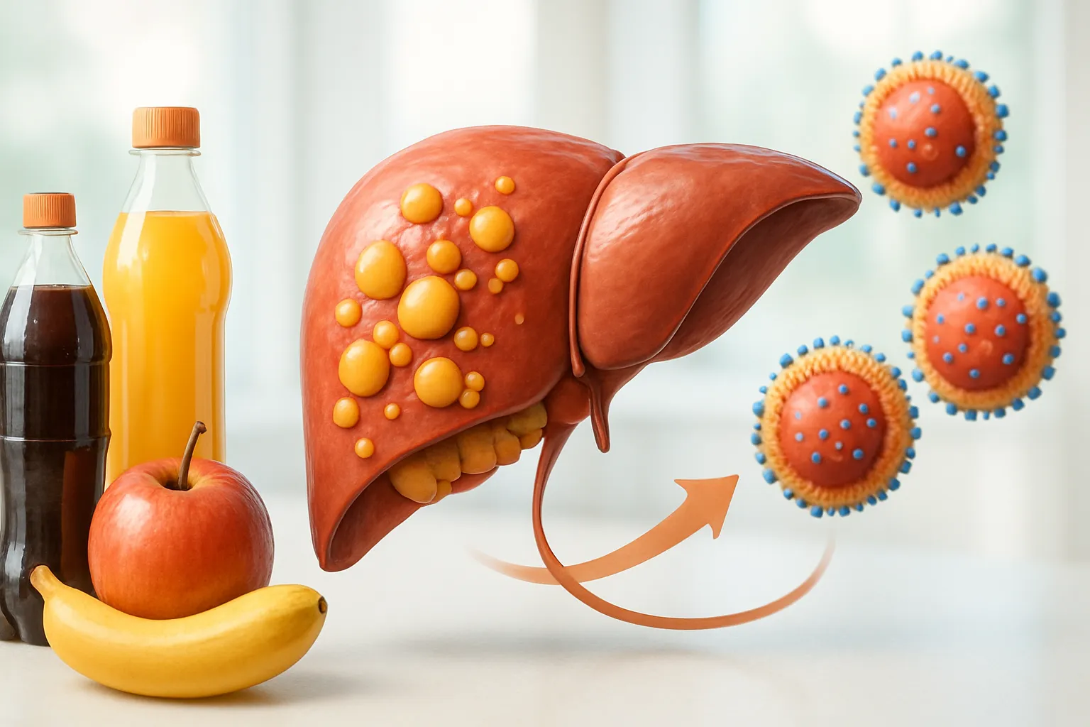 Representação visual do processo de lipogênese de novo mostrando modelo anatômico de fígado com depósitos de gordura, alimentos ricos em frutose à esquerda e partículas VLDL à direita em ambiente clínico educativo