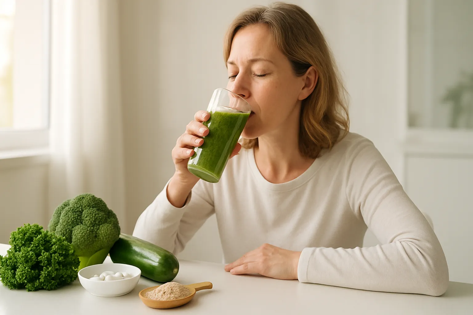 Paciente consumindo smoothie rico em fibras e probióticos para regular a atividade da beta-glucuronidase intestinal