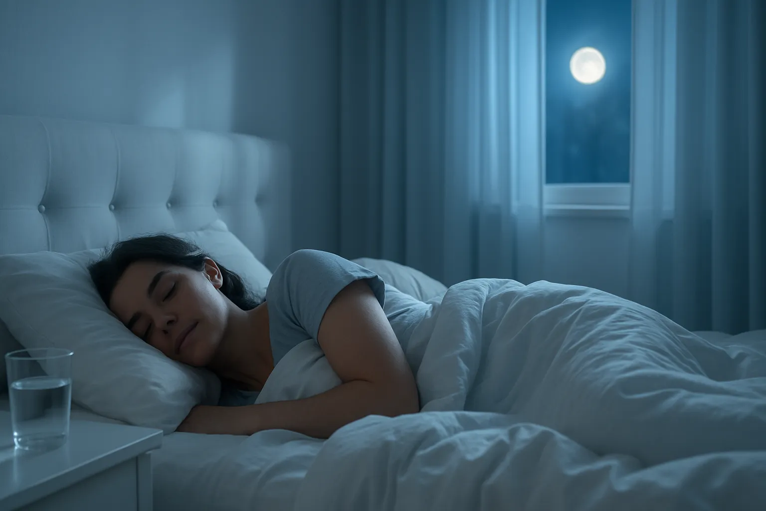 Ambiente noturno tranquilo mostrando sono profundo adequado para produção hormonal de testosterona sem interferência de cafeína