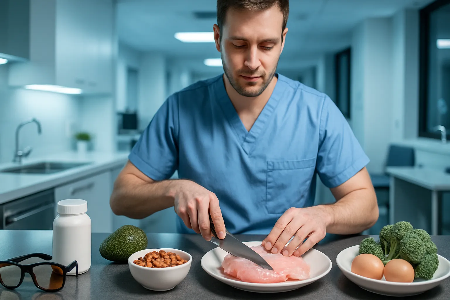 Trabalhador em turno noturno preparando refeição saudável com suplementos estratégicos e óculos bloqueadores de luz azul para proteção metabólica