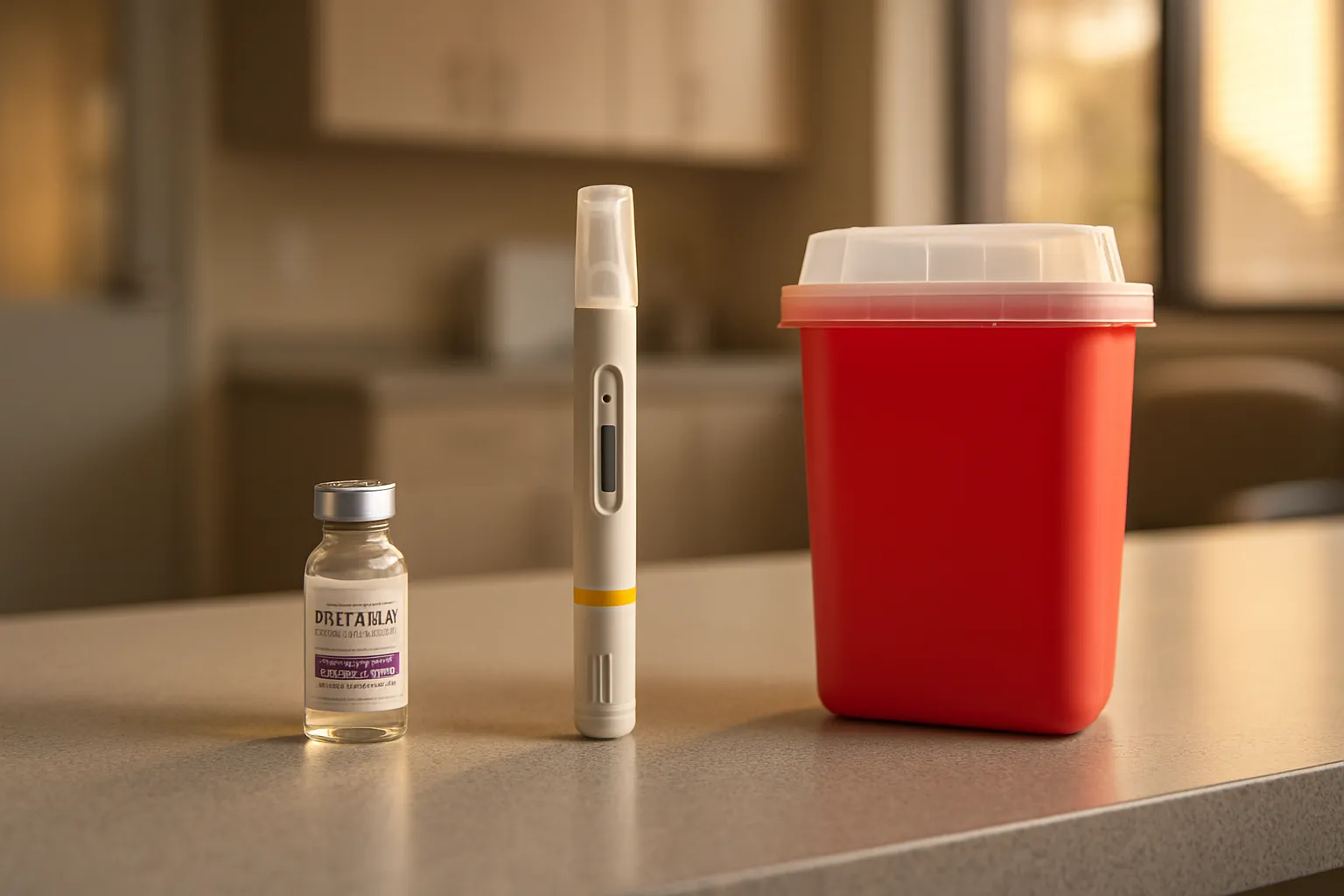 Arranjo sequencial de protocolo de terapia dual com medicação tirzepatida, caneta injetora e descarte seguro em clínica contemporânea