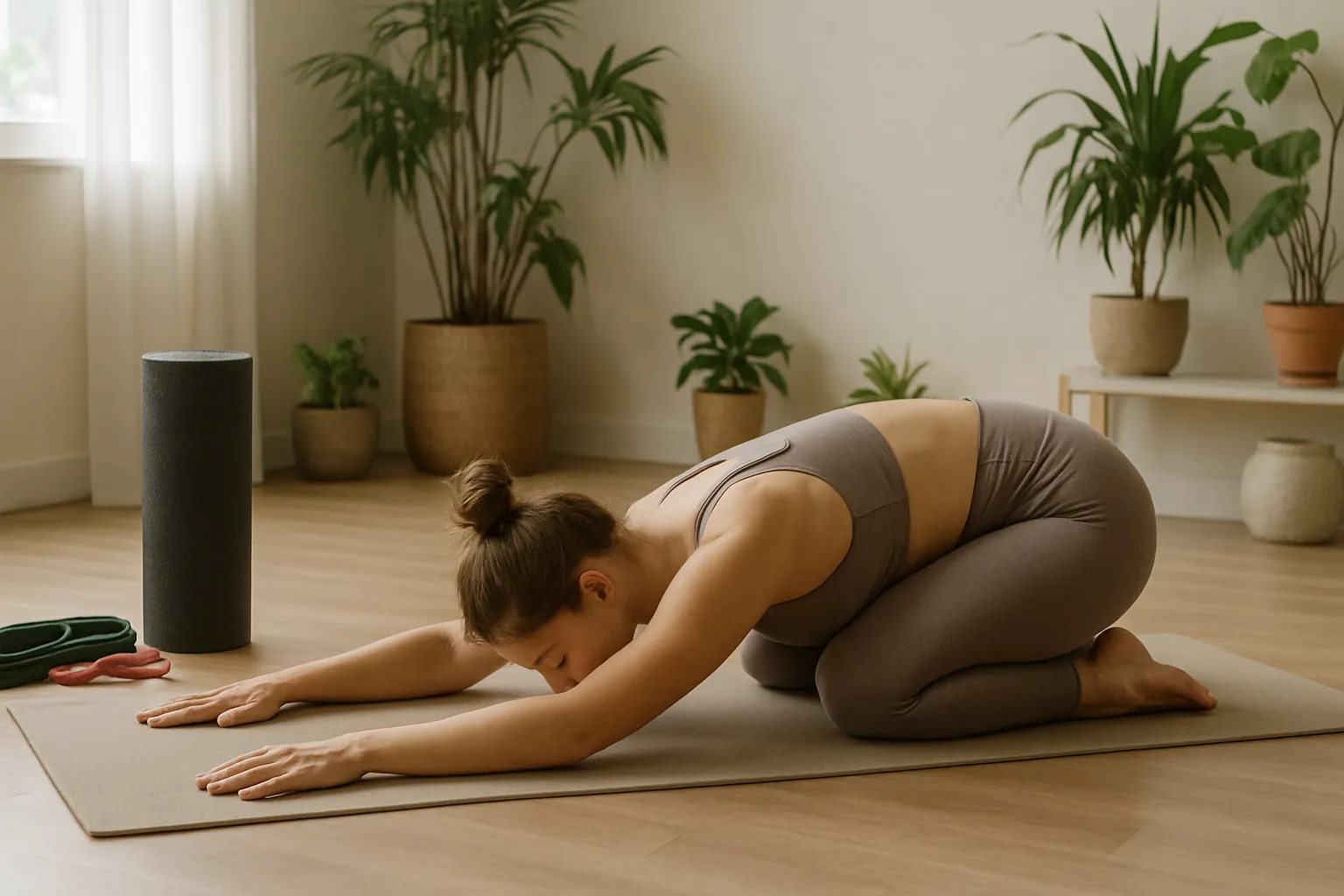 Mulher em roupas esportivas confortáveis realizando yoga flow suave e alongamentos de mobilidade em estúdio de bem-estar sereno, com rolo de liberação miofascial próximo, enfatizando recuperação ativa durante a fase lútea do ciclo