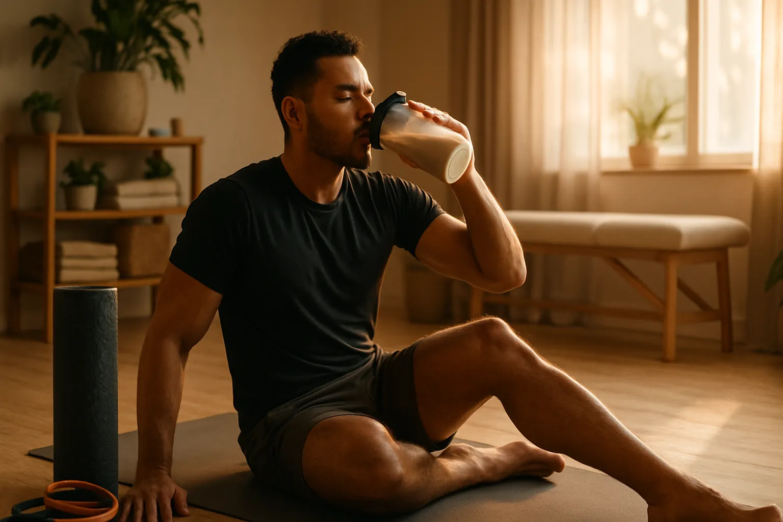 Atleta em rotina de recuperação pós-treino adequada para hipertrofia, com nutrição e ambiente aquecido favorecendo ativação do mTOR