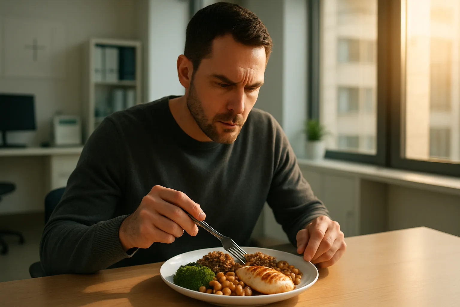 Pessoa fazendo refeição balanceada com proteínas vegetais e animais combinadas no prato, mostrando abordagem híbrida inteligente para nutrição proteica