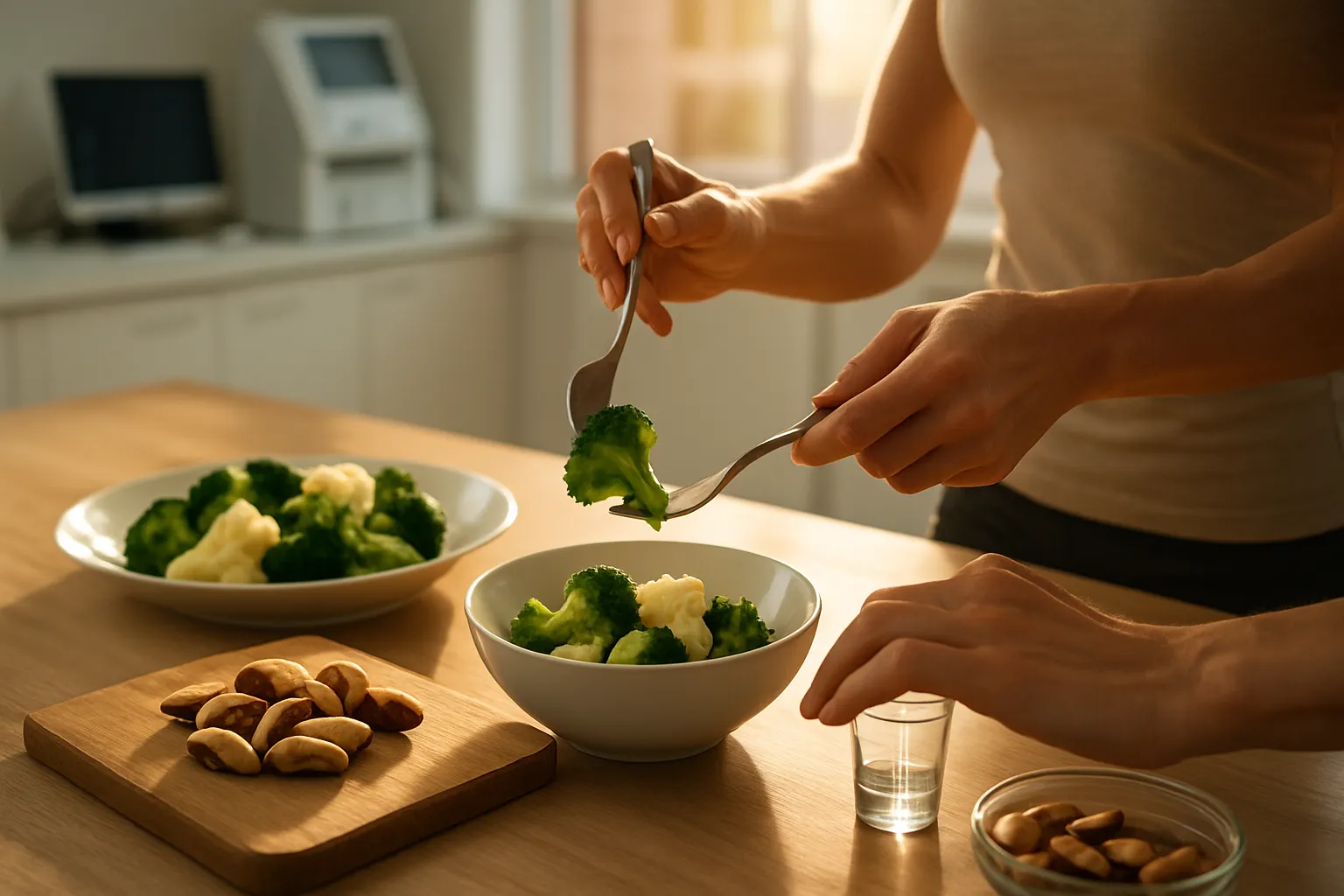 Mãos preparando refeição saudável para controle de hipertireoidismo com vegetais crucíferos cozidos e castanhas-do-pará ricas em selênio