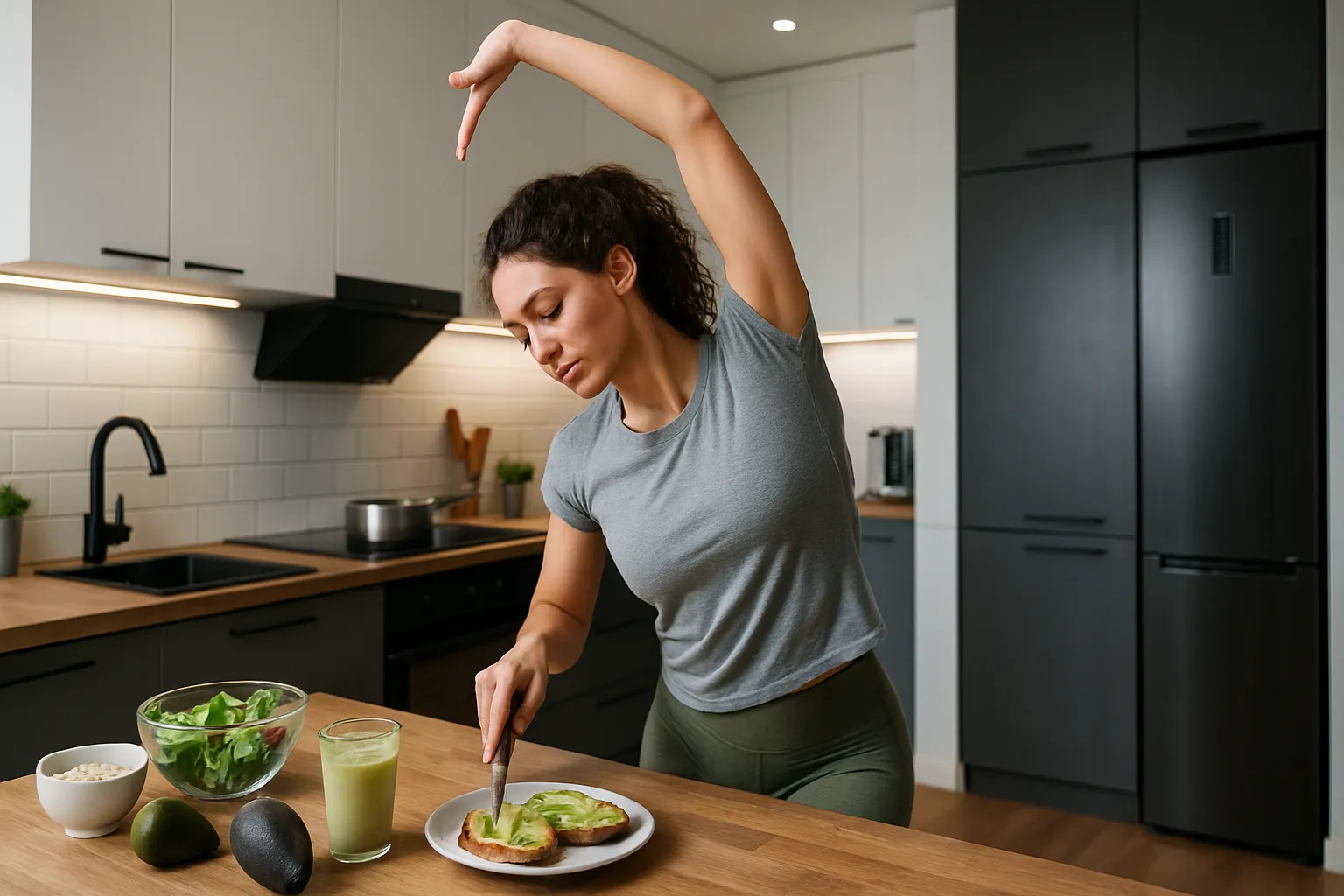 Pessoa integrando movimento natural na rotina matinal enquanto prepara refeição saudável, demonstrando aumento de NEAT no cotidiano