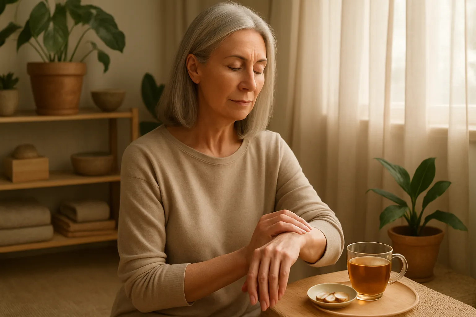Mulher praticando rotina matinal de autocuidado focada em saúde tireoidiana, monitorando sinais vitais e mantendo hábitos preventivos