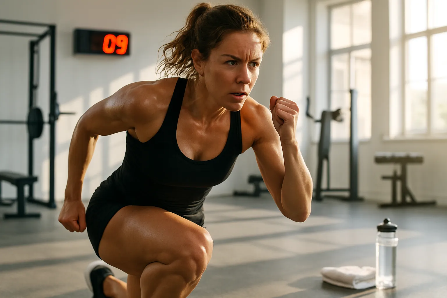 Pessoa atlética completando sessão intensa de treino intervalado em ambiente clínico iluminado, demonstrando estilo de vida ativo para transformação metabólica e hormonal