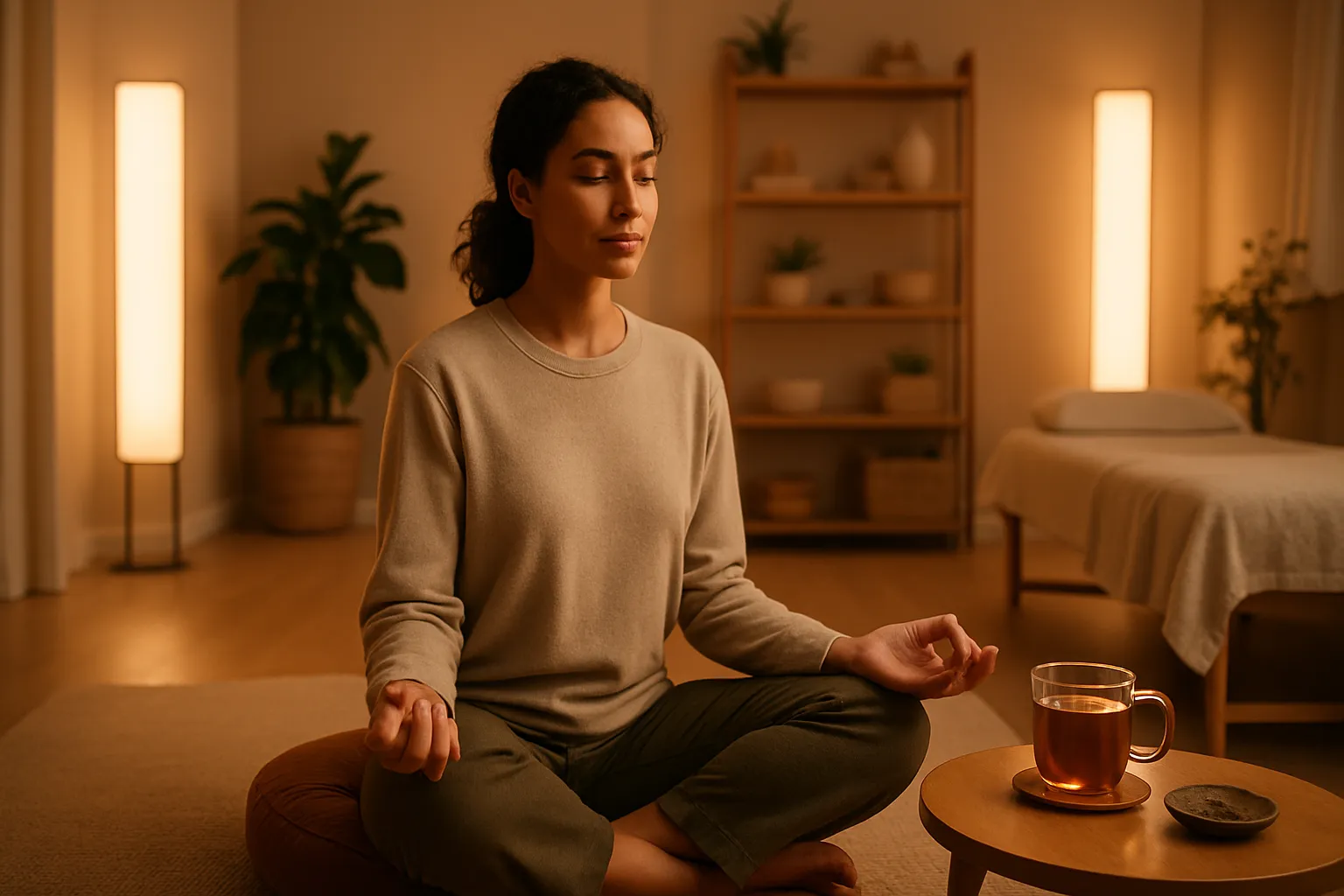 Pessoa praticando rotina noturna de redução de estresse para controle do cortisol e proteção da barreira intestinal