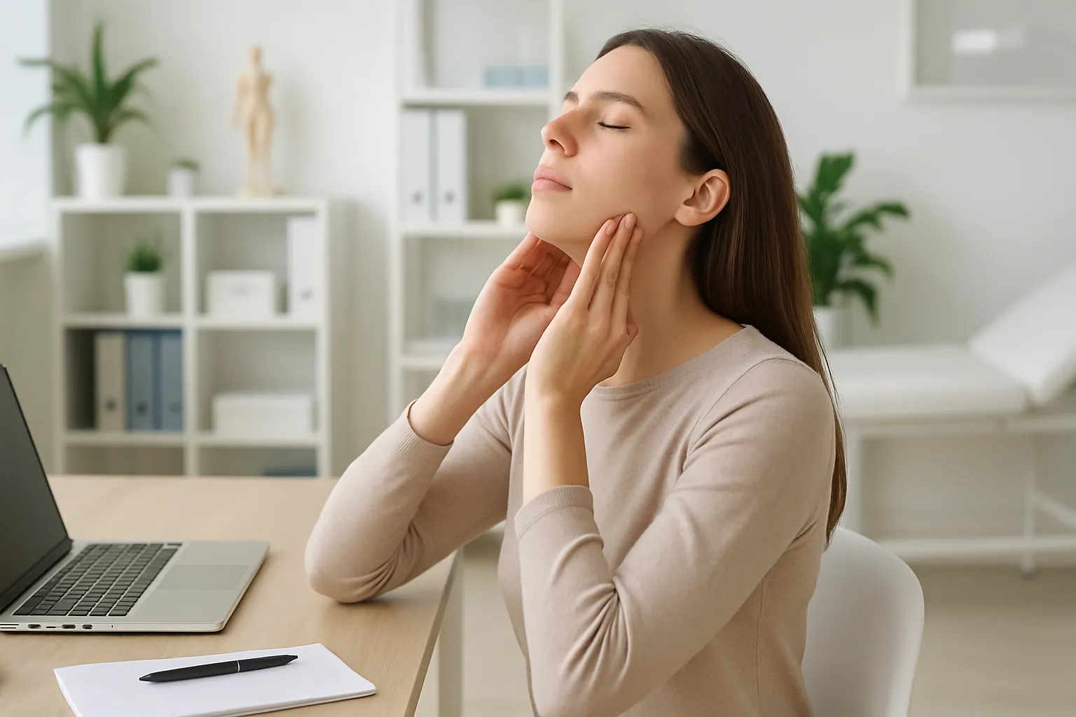 Pessoa realizando automassagem na mandíbula e exercícios de alongamento do pescoço durante pausa no trabalho