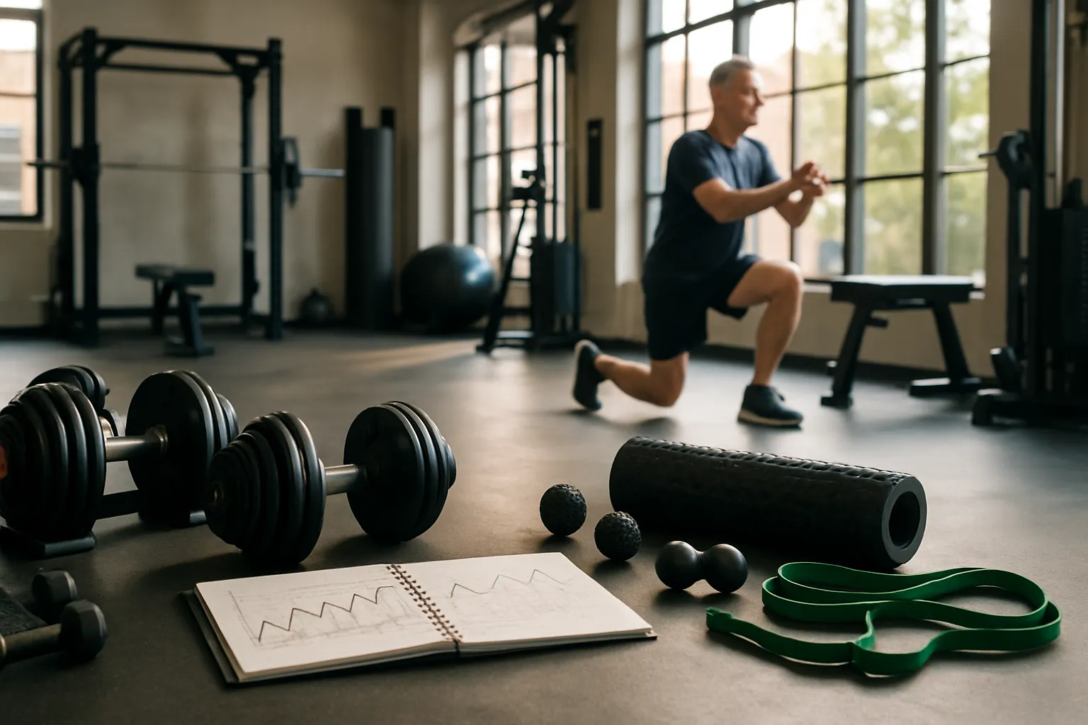 Ambiente de treino profissional mostrando equipamentos para periodização de força com alternância entre cargas pesadas e leves para otimizar recuperação após os 40