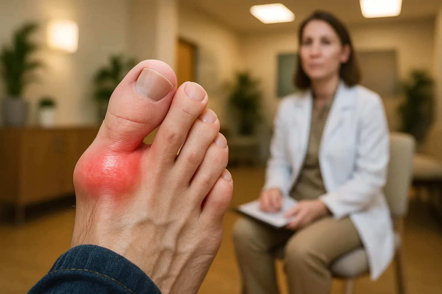 Close-up de articulação do dedão do pé mostrando sinais de inflamação por ácido úrico elevado durante avaliação clínica em ambiente acolhedor