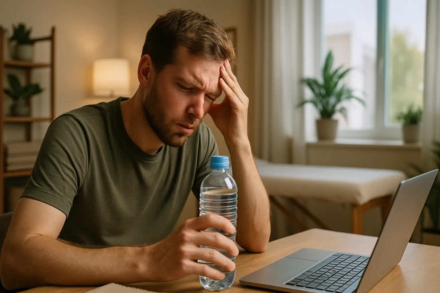 Pessoa demonstrando sintomas de fadiga cognitiva e desidratação celular apesar de ter água disponível, ilustrando a diferença entre beber água e hidratação celular efetiva