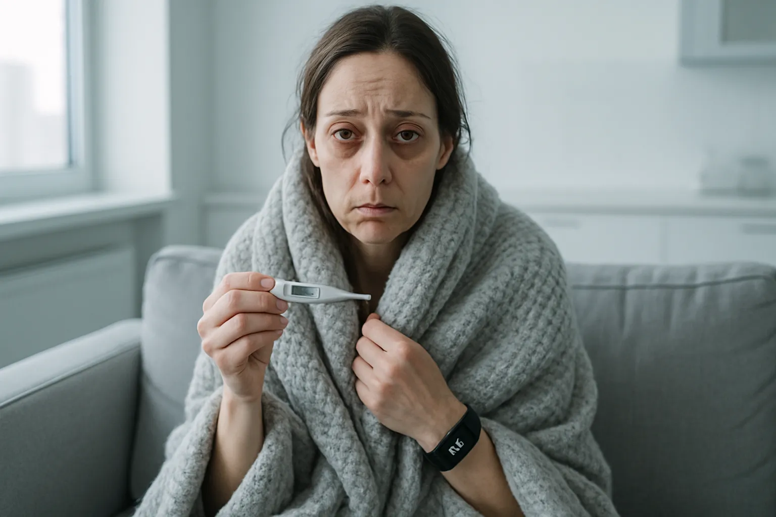 Mulher demonstrando sintomas clássicos de desaceleração metabólica: envolta em cobertores por sensação de frio, expressão de fadiga crônica e dispositivo mostrando baixo gasto calórico