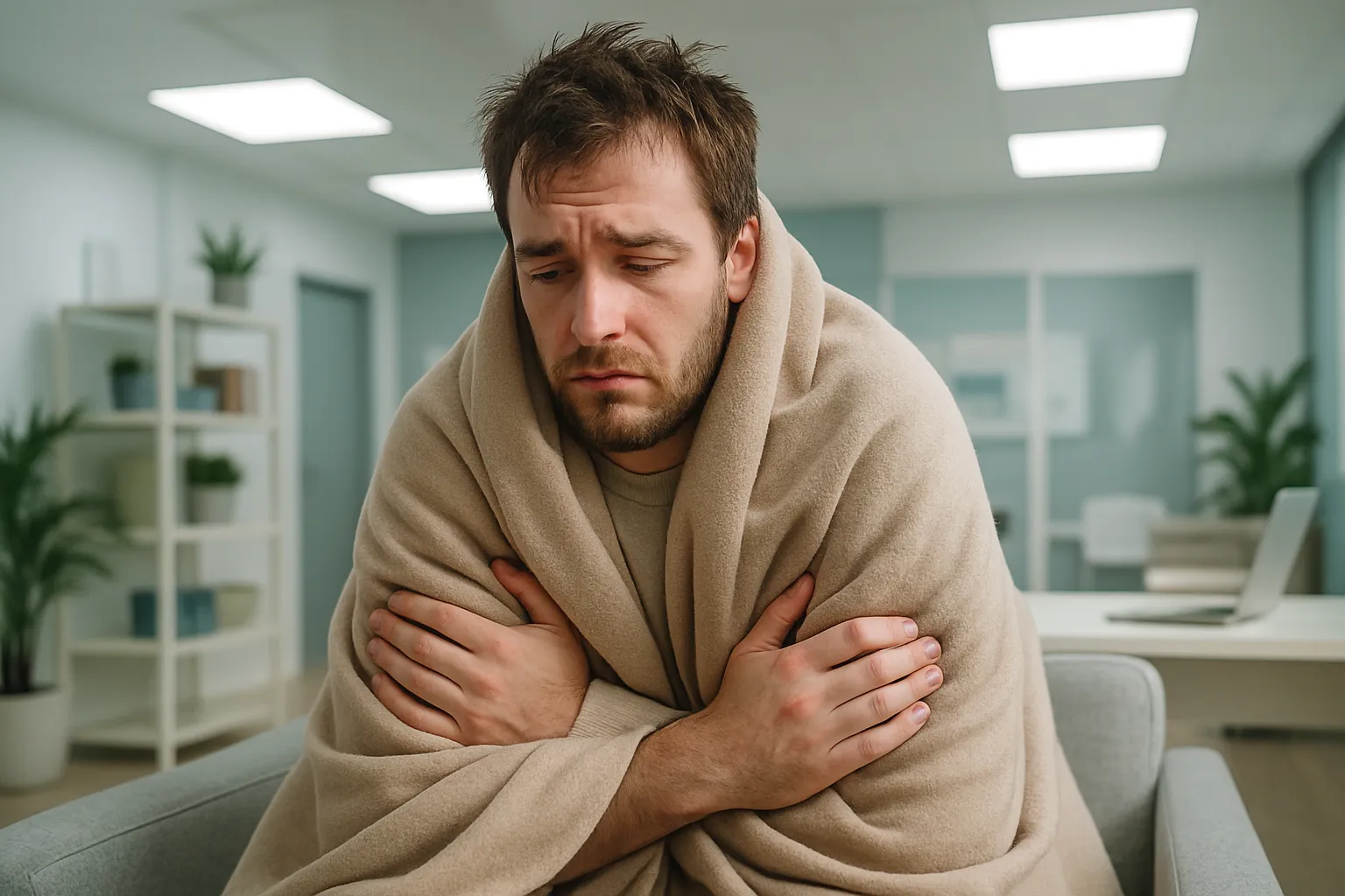 Pessoa demonstrando sinais físicos de resistência do set point metabólico incluindo sensibilidade ao frio e fadiga