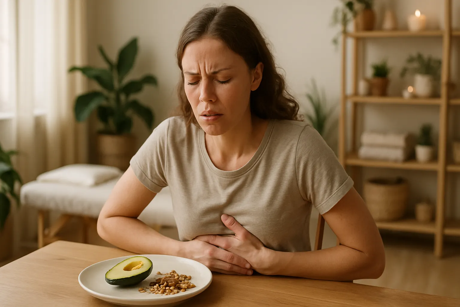 Pessoa demonstrando desconforto abdominal após refeição gordurosa com abacate e castanhas, sinalizando problemas na digestão de gorduras