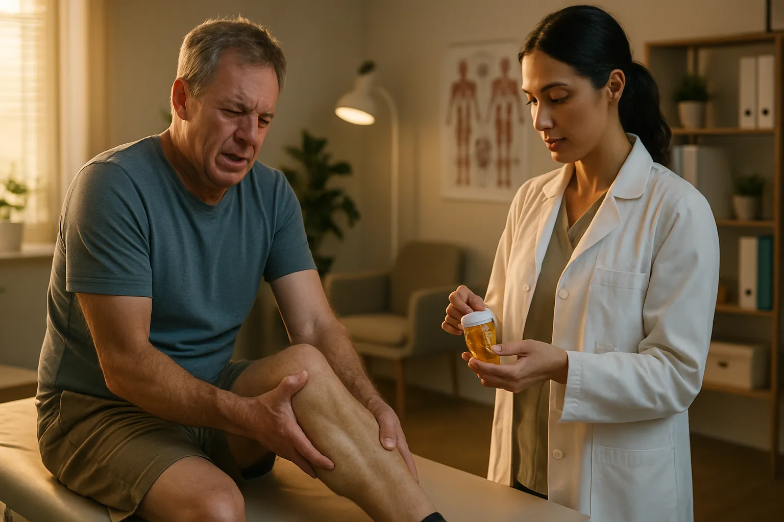 Paciente de meia-idade sentado em maca médica demonstrando sintomas de cãibra noturna na panturrilha, sinal clássico de deficiência de potássio, com profissional de saúde preparando protocolo de suplementação