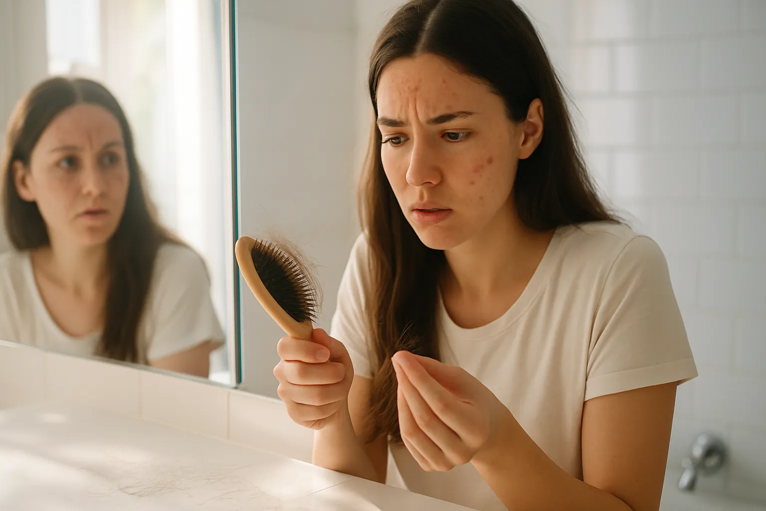 Sintomas de Desequilíbrio Hormonal Revelados Mulher observando queda de cabelo excessiva na escova e acne no rosto, sintomas de desequilíbrio hormonal revelados após parar anticoncepcional