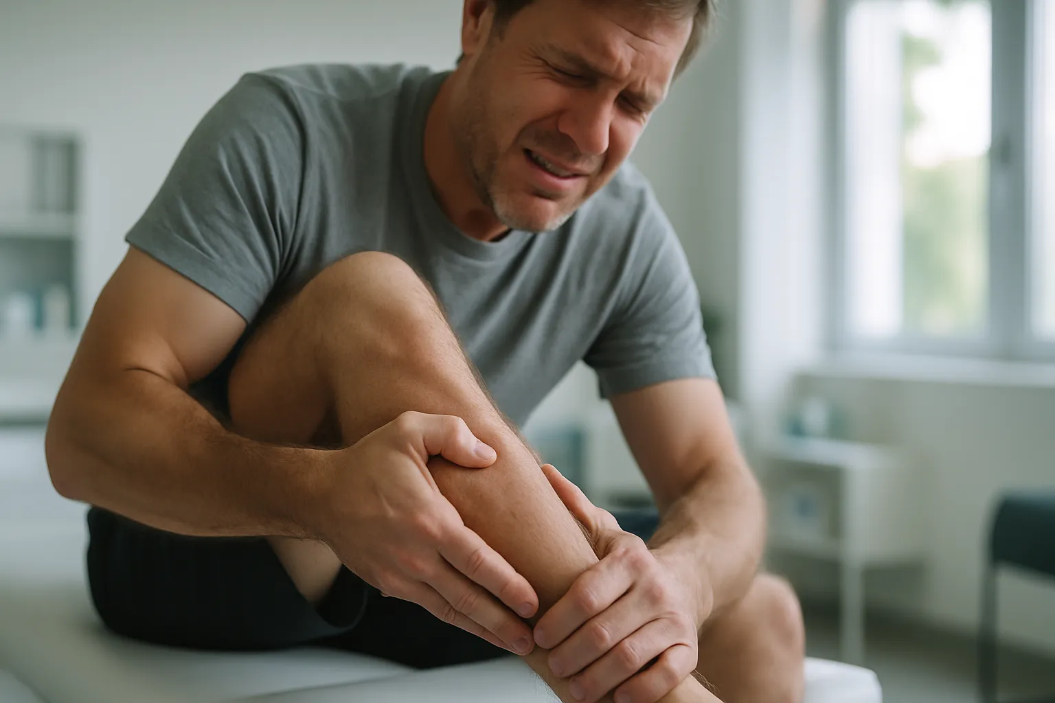 Pessoa com câimbra muscular na panturrilha massageando a área afetada, sintoma neuromuscular de PTH elevado